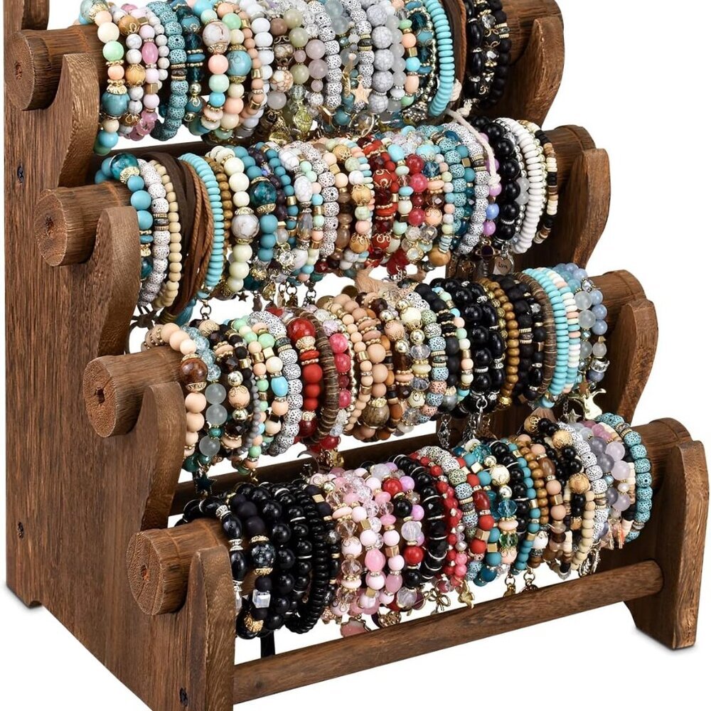 Antique Wooden 4 Tier Jewelry Bracelet Display Stand Bangle Scrunchie Organizer
